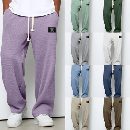 Waffle Pants for Men Casual Vintage Solid Color Pant Drawstring Baggy Lightweight Textured Trousers Fashion Pants Men