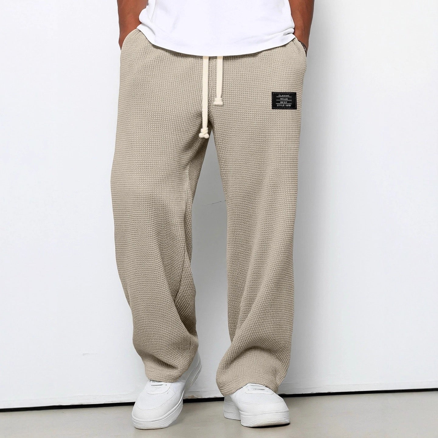 Waffle Pants for Men Casual Vintage Solid Color Pant Drawstring Baggy Lightweight Textured Trousers Fashion Pants Men
