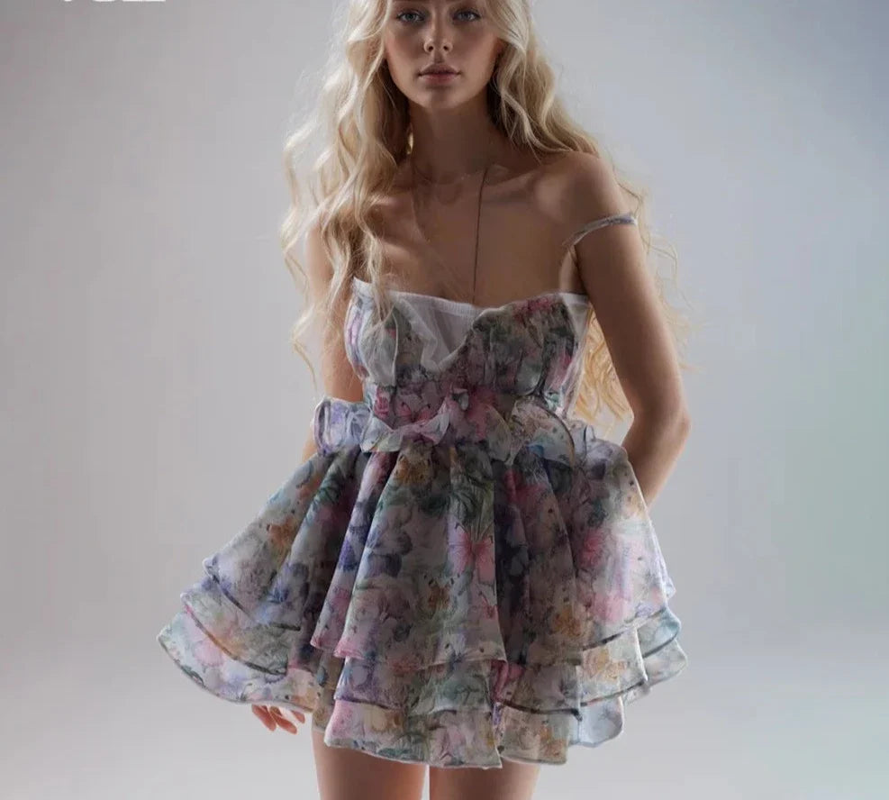 IRENA MINI DRESS Strap Flower Puffy Dress - Seldom Seen Styles