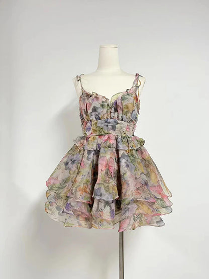 IRENA MINI DRESS Strap Flower Puffy Dress - Seldom Seen Styles