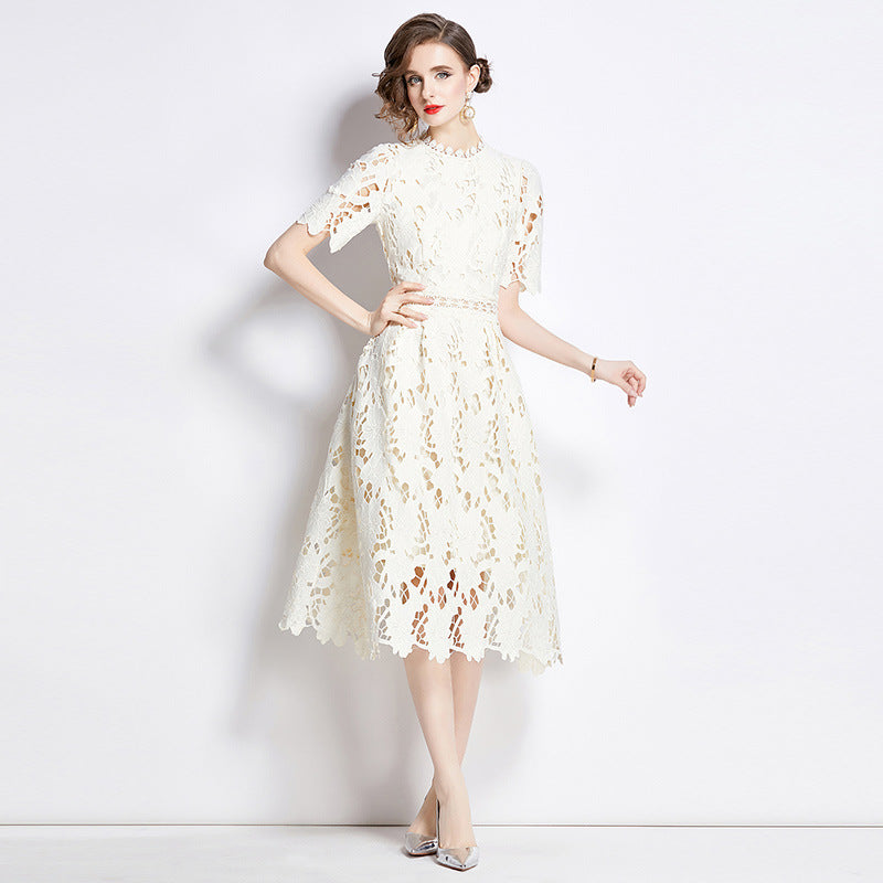 Jaca Lace Midi Dress Short Sleeve Round Neck Mid-Length Dress a Letter Embroidered Lace Dress - Seldom Seen Styles