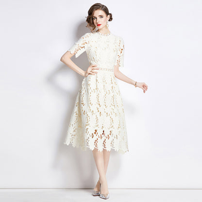 Jaca Lace Midi Dress Short Sleeve Round Neck Mid-Length Dress a Letter Embroidered Lace Dress - Seldom Seen Styles