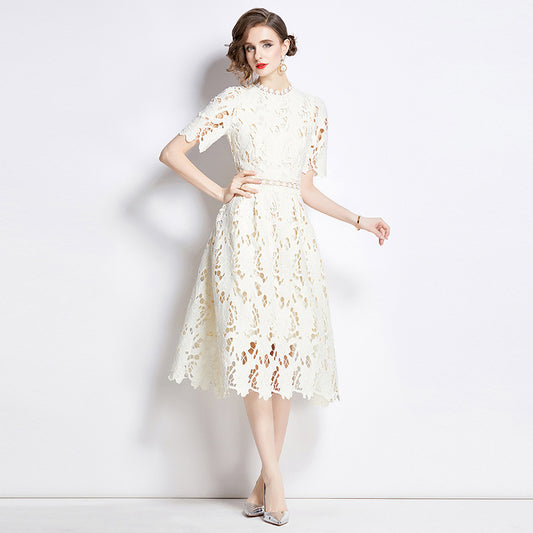 Jaca Lace Midi Dress Short Sleeve Round Neck Mid-Length Dress a Letter Embroidered Lace Dress - Seldom Seen Styles