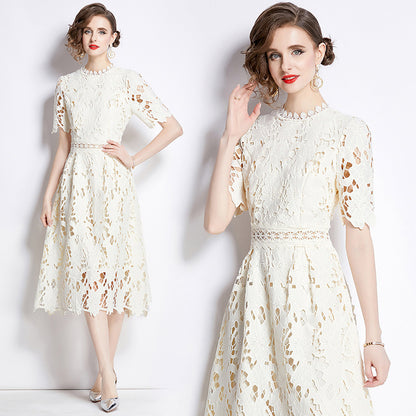 Jaca Lace Midi Dress Short Sleeve Round Neck Mid-Length Dress a Letter Embroidered Lace Dress - Seldom Seen Styles