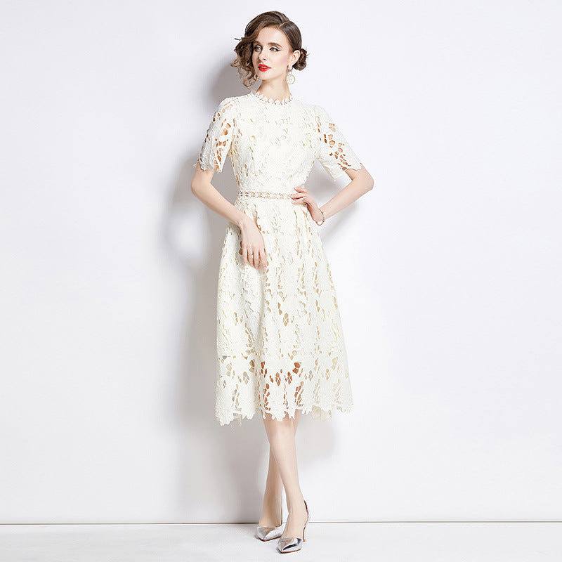 Jaca Lace Midi Dress Short Sleeve Round Neck Mid-Length Dress a Letter Embroidered Lace Dress - Seldom Seen Styles