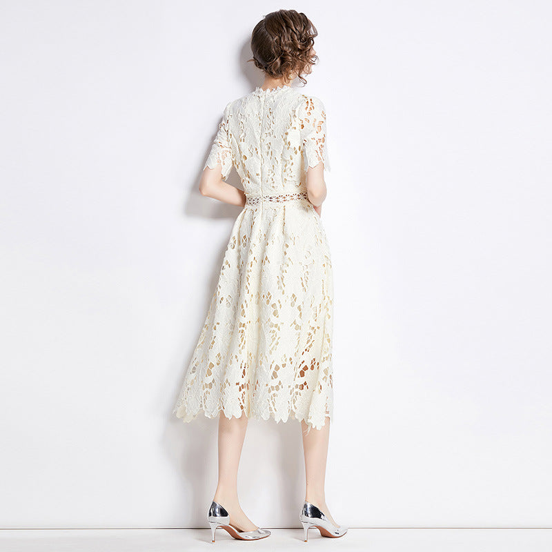 Jaca Lace Midi Dress Short Sleeve Round Neck Mid-Length Dress a Letter Embroidered Lace Dress - Seldom Seen Styles