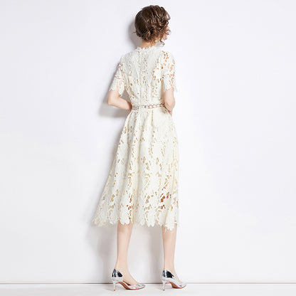 Jaca Lace Midi Dress Short Sleeve Round Neck Mid-Length Dress a Letter Embroidered Lace Dress - Seldom Seen Styles