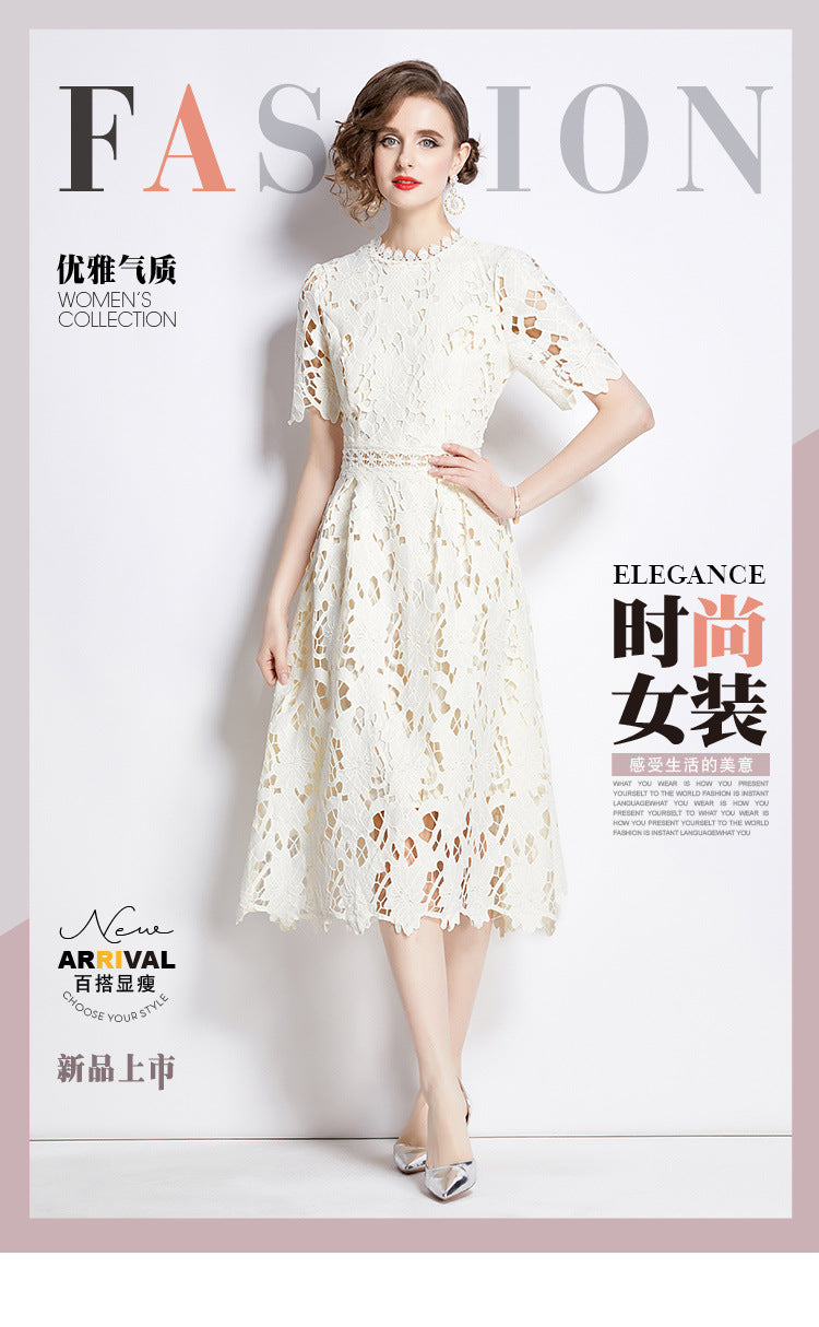 Jaca Lace Midi Dress Short Sleeve Round Neck Mid-Length Dress a Letter Embroidered Lace Dress - Seldom Seen Styles