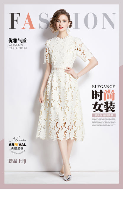 Jaca Lace Midi Dress Short Sleeve Round Neck Mid-Length Dress a Letter Embroidered Lace Dress - Seldom Seen Styles