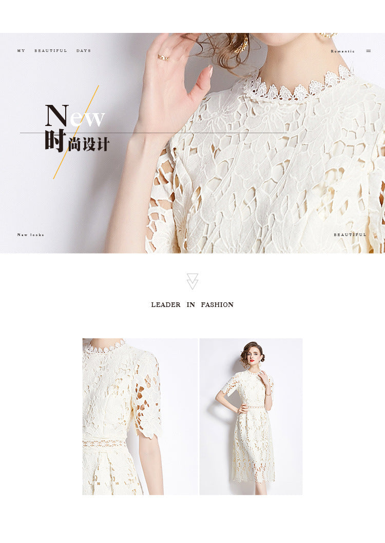 Jaca Lace Midi Dress Short Sleeve Round Neck Mid-Length Dress a Letter Embroidered Lace Dress - Seldom Seen Styles