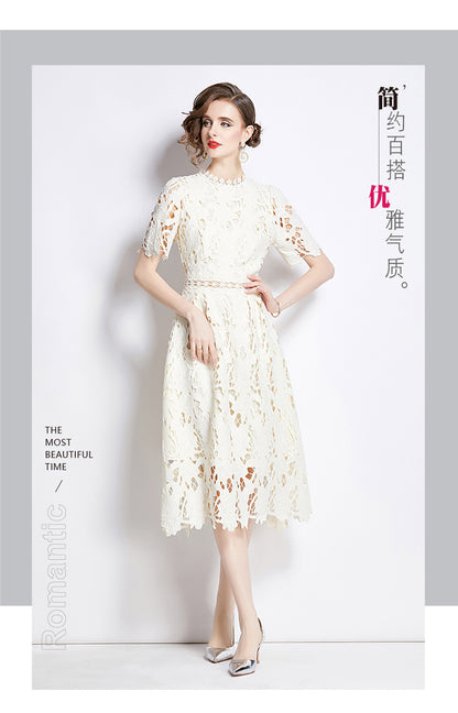 Jaca Lace Midi Dress Short Sleeve Round Neck Mid-Length Dress a Letter Embroidered Lace Dress - Seldom Seen Styles