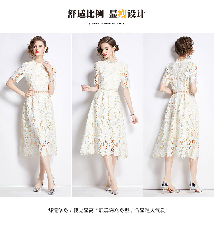 Jaca Lace Midi Dress Short Sleeve Round Neck Mid-Length Dress a Letter Embroidered Lace Dress - Seldom Seen Styles
