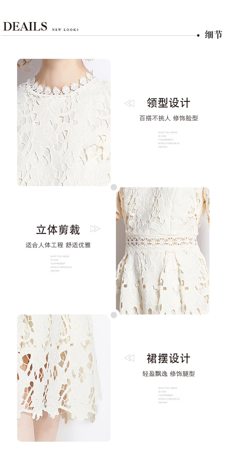 Jaca Lace Midi Dress Short Sleeve Round Neck Mid-Length Dress a Letter Embroidered Lace Dress - Seldom Seen Styles