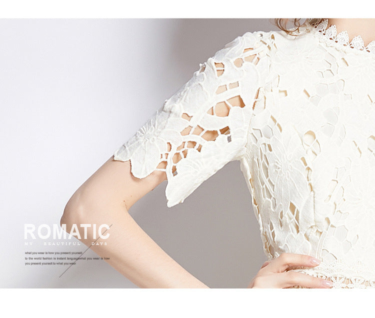 Jaca Lace Midi Dress Short Sleeve Round Neck Mid-Length Dress a Letter Embroidered Lace Dress - Seldom Seen Styles