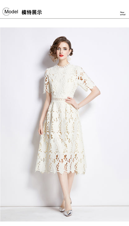 Jaca Lace Midi Dress Short Sleeve Round Neck Mid-Length Dress a Letter Embroidered Lace Dress - Seldom Seen Styles