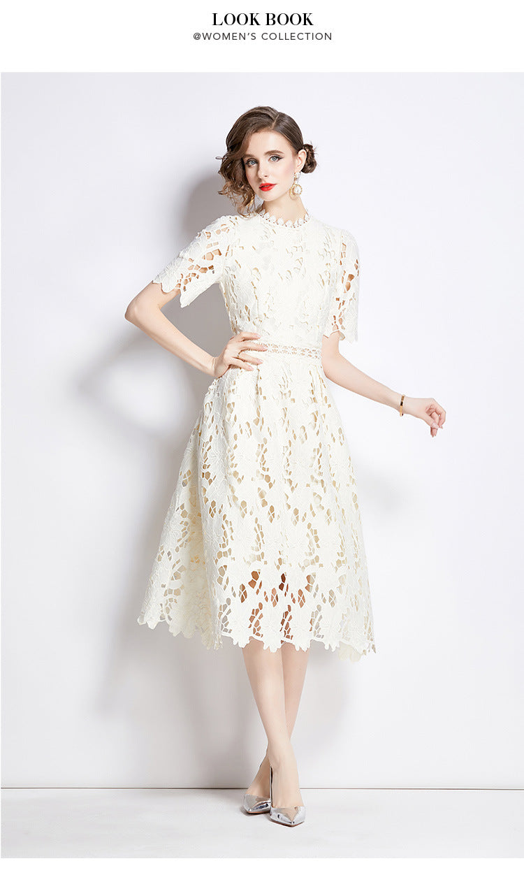 Jaca Lace Midi Dress Short Sleeve Round Neck Mid-Length Dress a Letter Embroidered Lace Dress - Seldom Seen Styles