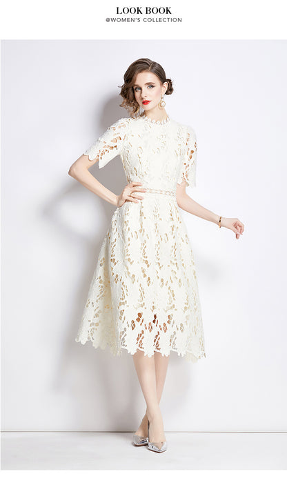 Jaca Lace Midi Dress Short Sleeve Round Neck Mid-Length Dress a Letter Embroidered Lace Dress - Seldom Seen Styles