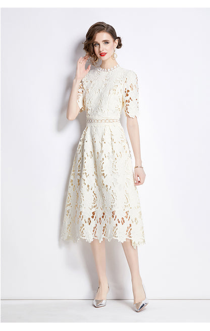 Jaca Lace Midi Dress Short Sleeve Round Neck Mid-Length Dress a Letter Embroidered Lace Dress - Seldom Seen Styles
