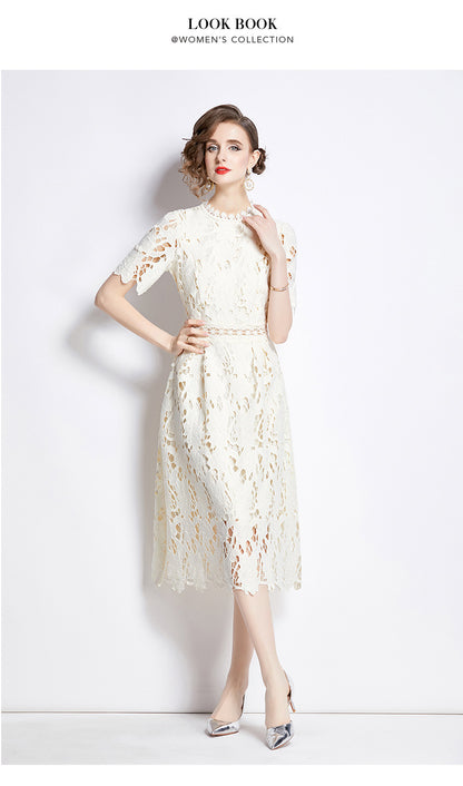 Jaca Lace Midi Dress Short Sleeve Round Neck Mid-Length Dress a Letter Embroidered Lace Dress - Seldom Seen Styles