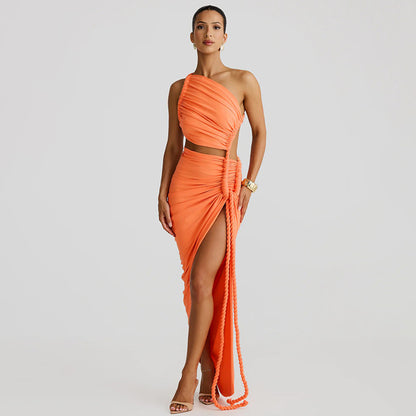 Juliana Rope Detail Ruched One Shoulder Cutout Stretch Maxi Dress - Seldom Seen Styles