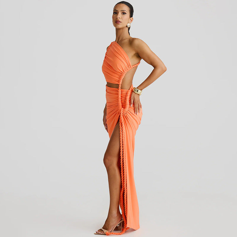 Juliana Rope Detail Ruched One Shoulder Cutout Stretch Maxi Dress - Seldom Seen Styles