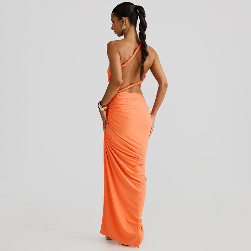 Juliana Rope Detail Ruched One Shoulder Cutout Stretch Maxi Dress - Seldom Seen Styles