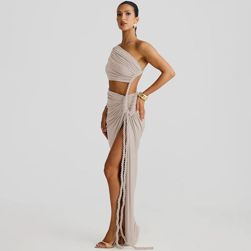 Juliana Rope Detail Ruched One Shoulder Cutout Stretch Maxi Dress - Seldom Seen Styles