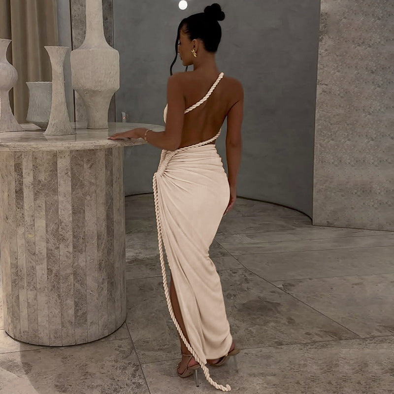 Juliana Rope Detail Ruched One Shoulder Cutout Stretch Maxi Dress - Seldom Seen Styles