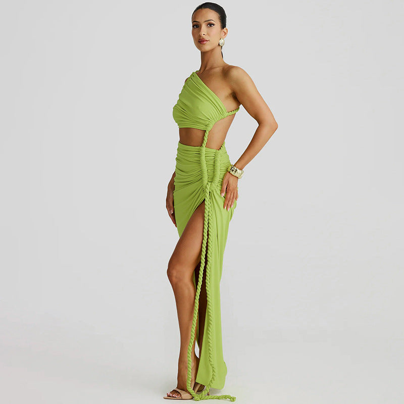 Juliana Rope Detail Ruched One Shoulder Cutout Stretch Maxi Dress - Seldom Seen Styles