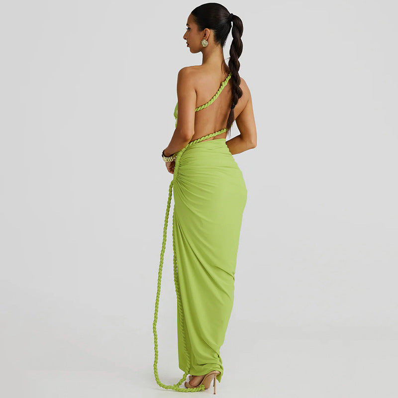 Juliana Rope Detail Ruched One Shoulder Cutout Stretch Maxi Dress - Seldom Seen Styles