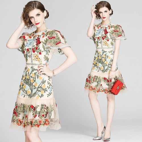 Julieta Floral Embroidery Midi Dress Bodycon Ruffle Dress - Seldom Seen Styles