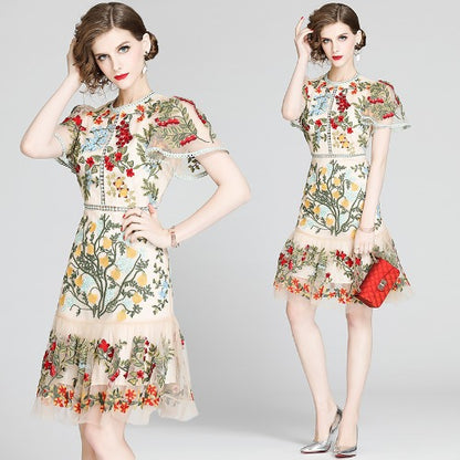 Julieta Floral Embroidery Midi Dress Bodycon Ruffle Dress - Seldom Seen Styles