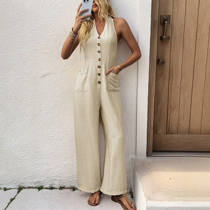 Jumpsuits for Women Casual Sleeveless One Piece Wide Leg Rompers Pants with Pockets High Waist V-Neck Halter Overalls - Seldom Seen Styles