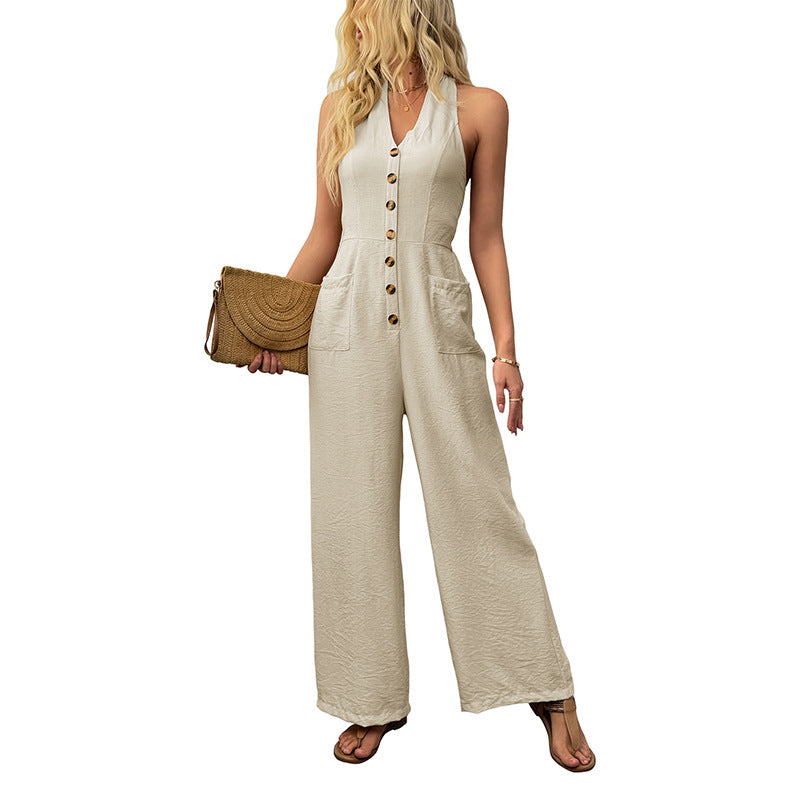 Jumpsuits for Women Casual Sleeveless One Piece Wide Leg Rompers Pants with Pockets High Waist V-Neck Halter Overalls - Seldom Seen Styles