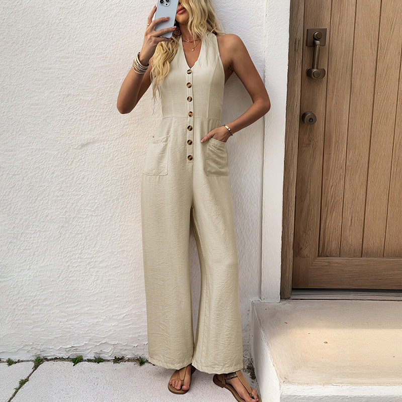Jumpsuits for Women Casual Sleeveless One Piece Wide Leg Rompers Pants with Pockets High Waist V-Neck Halter Overalls - Seldom Seen Styles