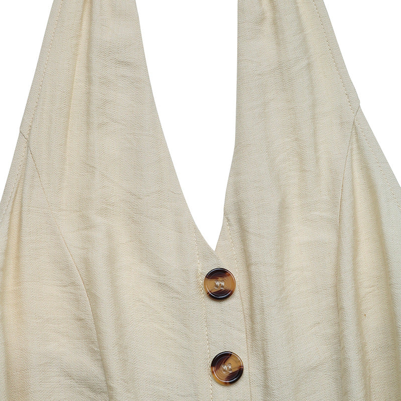 Jumpsuits for Women Casual Sleeveless One Piece Wide Leg Rompers Pants with Pockets High Waist V-Neck Halter Overalls - Seldom Seen Styles