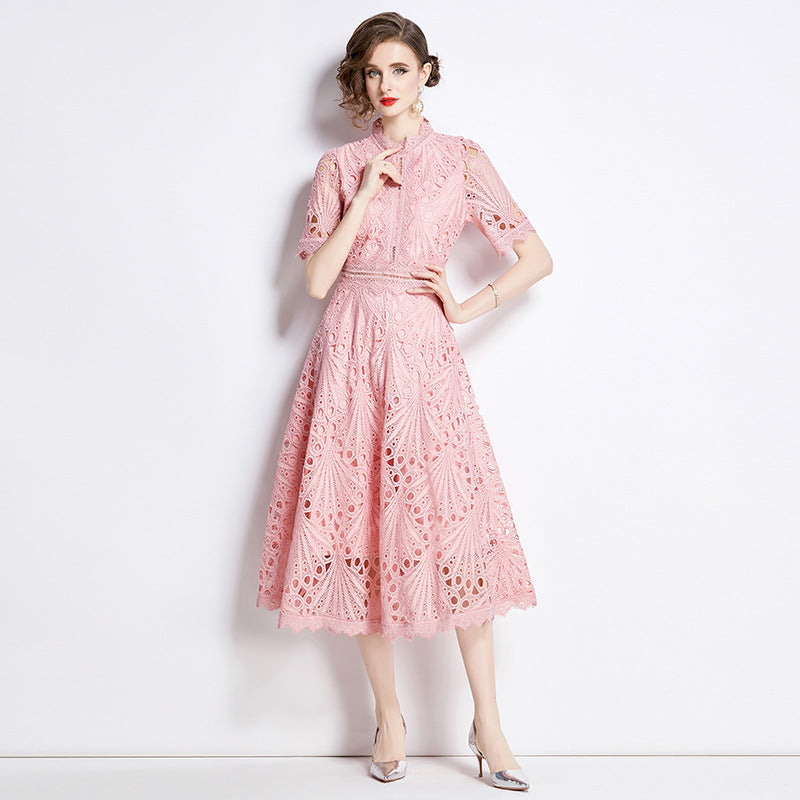 Karin Floral Embroidered Dress Waist-Cinching Flared Gown Dress - Seldom Seen Styles