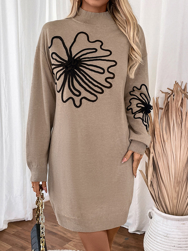 Knitted Flower Split-Joint Long Sleeves Loose Mock Neck Sweater Dresses Mini Dresses - Seldom Seen Styles