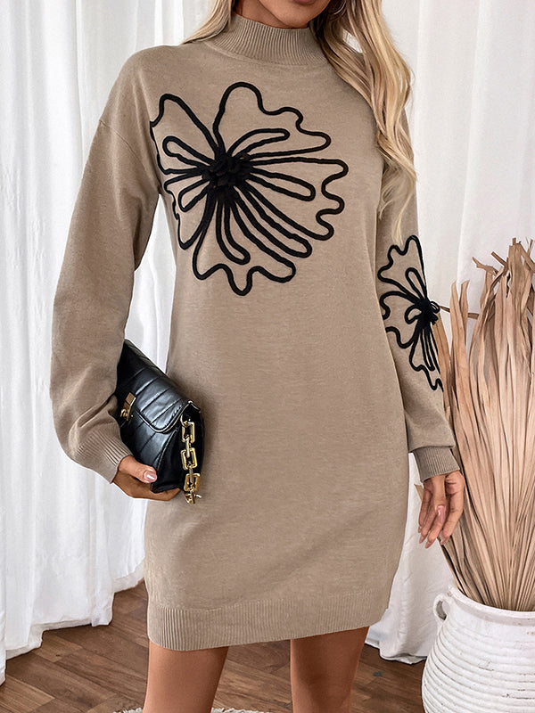 Knitted Flower Split-Joint Long Sleeves Loose Mock Neck Sweater Dresses Mini Dresses - Seldom Seen Styles