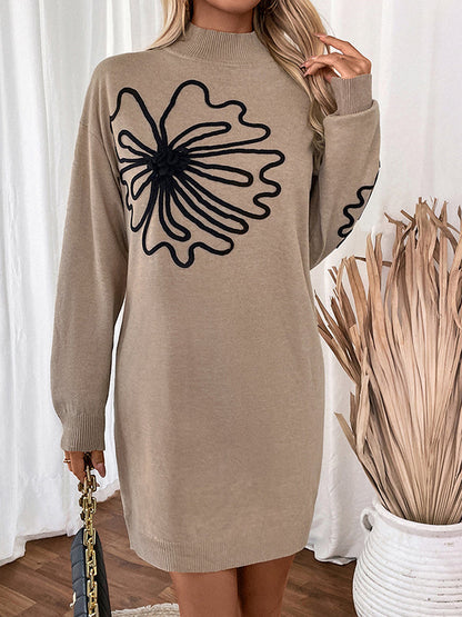 Knitted Flower Split-Joint Long Sleeves Loose Mock Neck Sweater Dresses Mini Dresses - Seldom Seen Styles