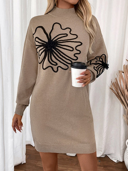 Knitted Flower Split-Joint Long Sleeves Loose Mock Neck Sweater Dresses Mini Dresses - Seldom Seen Styles
