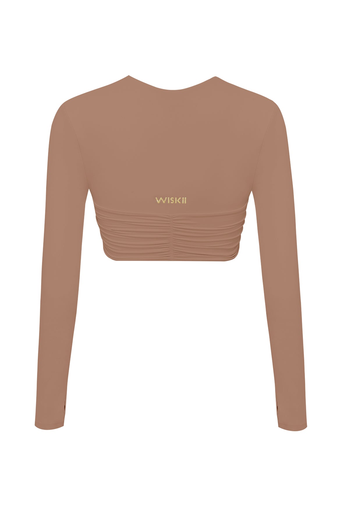 Knotty Chic Ruched Long Sleeve Crop Top | Color Tuscan Tan | WISKII Active