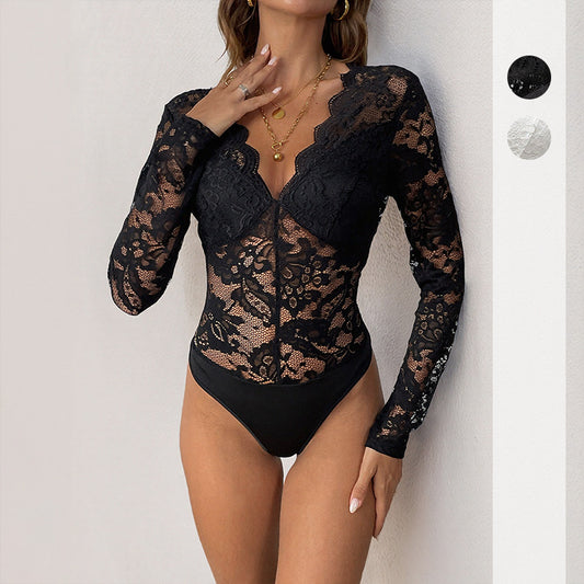 Lace Bodysuit for Women Sexy Long Sleeve V Neck Body Suits Going Out Tops Snap Crotch One Piece Teddy Lingerie - Seldom Seen Styles