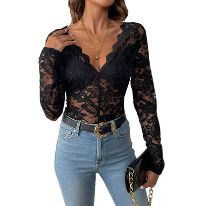 Lace Bodysuit for Women Sexy Long Sleeve V Neck Body Suits Going Out Tops Snap Crotch One Piece Teddy Lingerie - Seldom Seen Styles