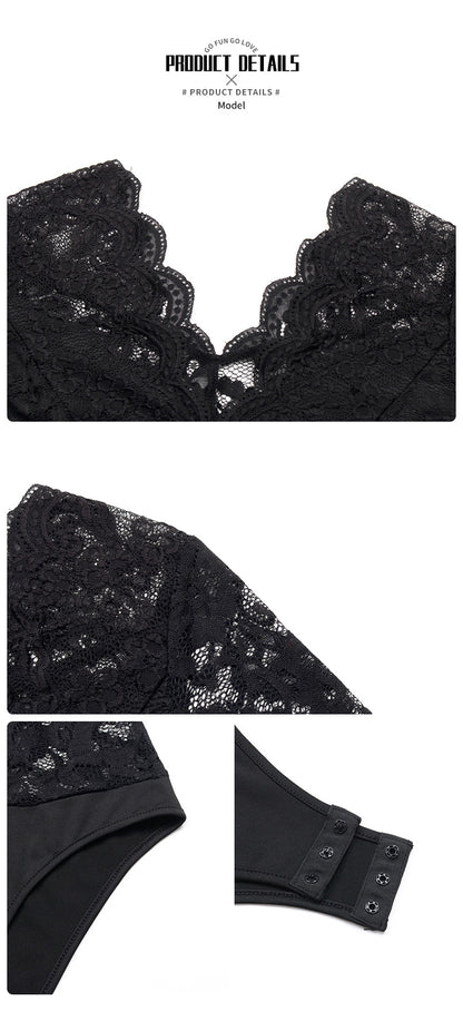 Lace Bodysuit for Women Sexy Long Sleeve V Neck Body Suits Going Out Tops Snap Crotch One Piece Teddy Lingerie - Seldom Seen Styles