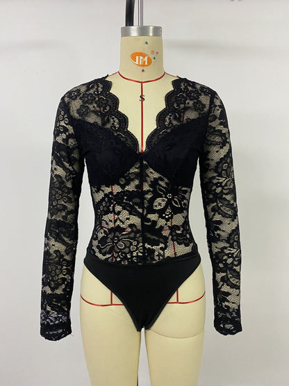 Lace Bodysuit for Women Sexy Long Sleeve V Neck Body Suits Going Out Tops Snap Crotch One Piece Teddy Lingerie - Seldom Seen Styles