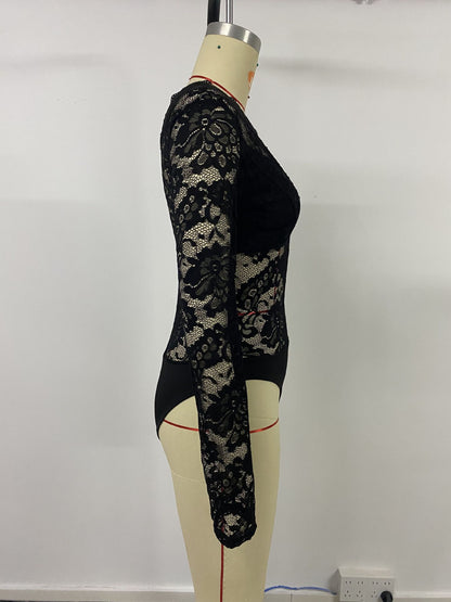 Lace Bodysuit for Women Sexy Long Sleeve V Neck Body Suits Going Out Tops Snap Crotch One Piece Teddy Lingerie - Seldom Seen Styles