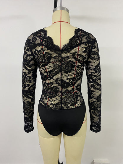 Lace Bodysuit for Women Sexy Long Sleeve V Neck Body Suits Going Out Tops Snap Crotch One Piece Teddy Lingerie - Seldom Seen Styles