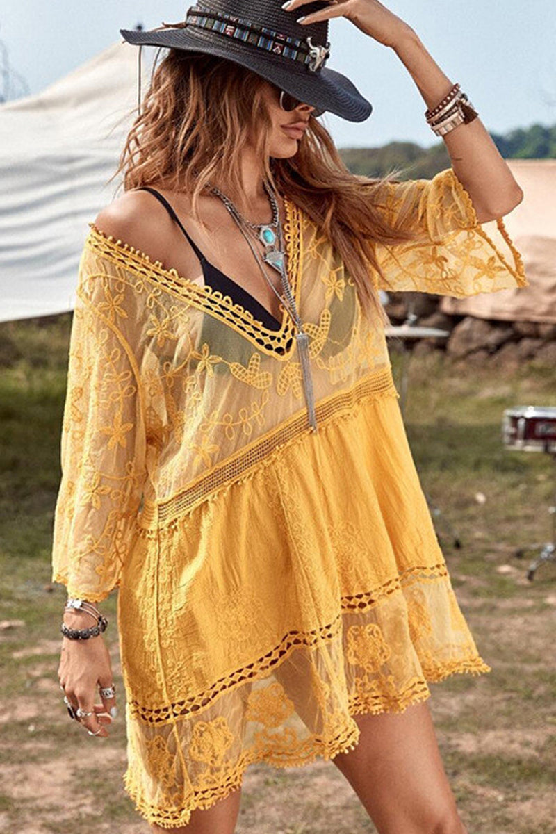 Lace Embroidered Patchwork V Neck Cover up - Seldom Seen Styles