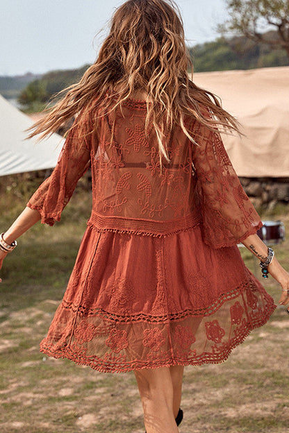 Lace Embroidered Patchwork V Neck Cover up - Seldom Seen Styles